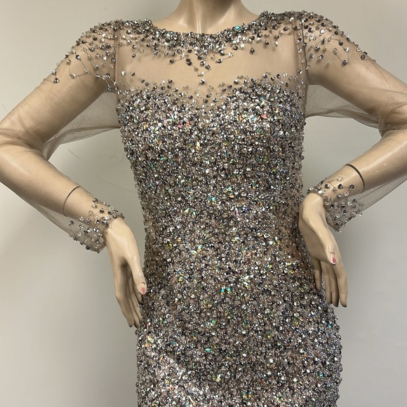 Terani fully beaded illusion long sleeves open back dressy dress - Picture 5 of 11